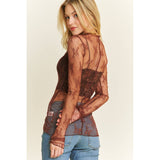 Mesh Fine Lace Long Sleeve, Brown (2x,3x)