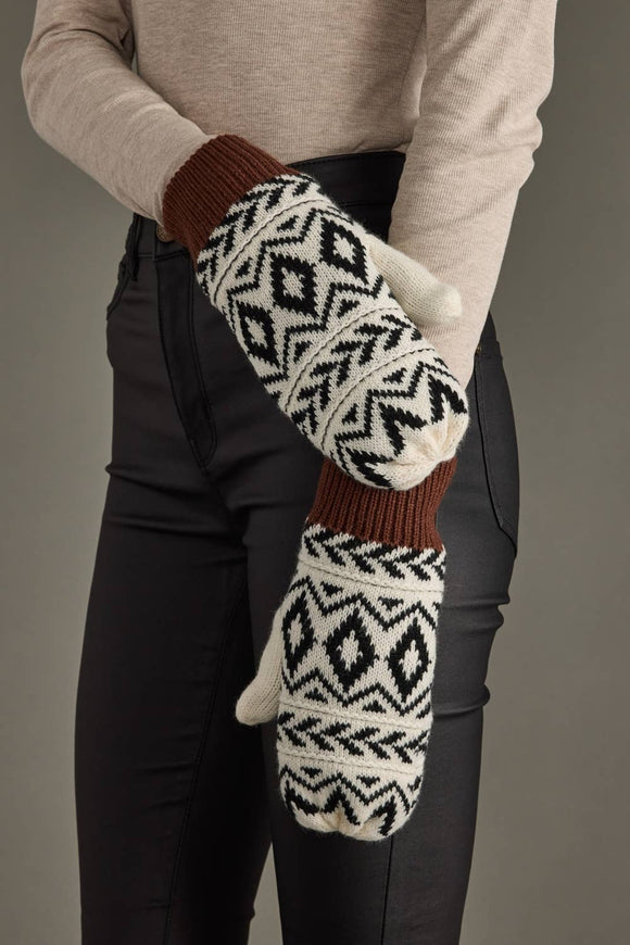 Ivory, Black & Dk. Gray Patterned Mittens