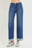 Risen- Mid rise Ankle Straight Cuff Hem Jeans-Stretchy