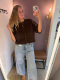 Short Sleeve Button Up Sweater Cardigan, Dark Brown (S-L)