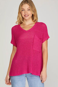 Short Sleeve Pocketed Sweater- Fuchsia