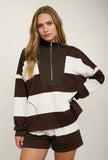 Half Zip Long Sleeve Stripe Knit Top- Brown