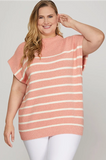 Mock Neck Striped Sweater Top- Rose