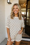 Polka Dot Print Top Drawstring Shorts Set, Beige (S-XL)