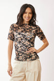 Floral Print Mesh Layering Short Sleeve, Black (S-3X)