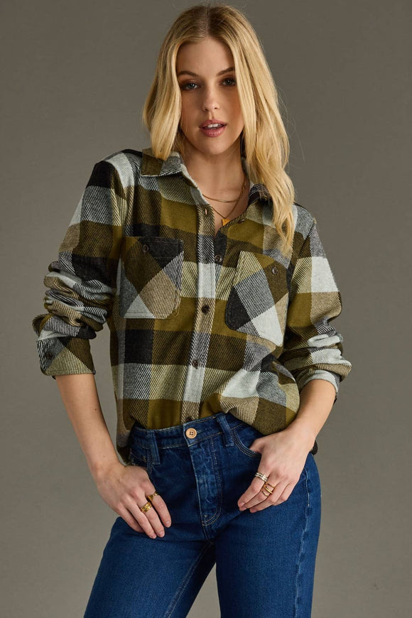 Super Soft Plaid Button Up-Olive & Black (XXL)