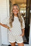Polka Dot Print Top Drawstring Shorts Set, Beige (S-XL)