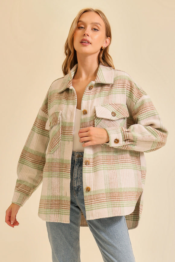 Plaid Shacket, Taupe/Sage