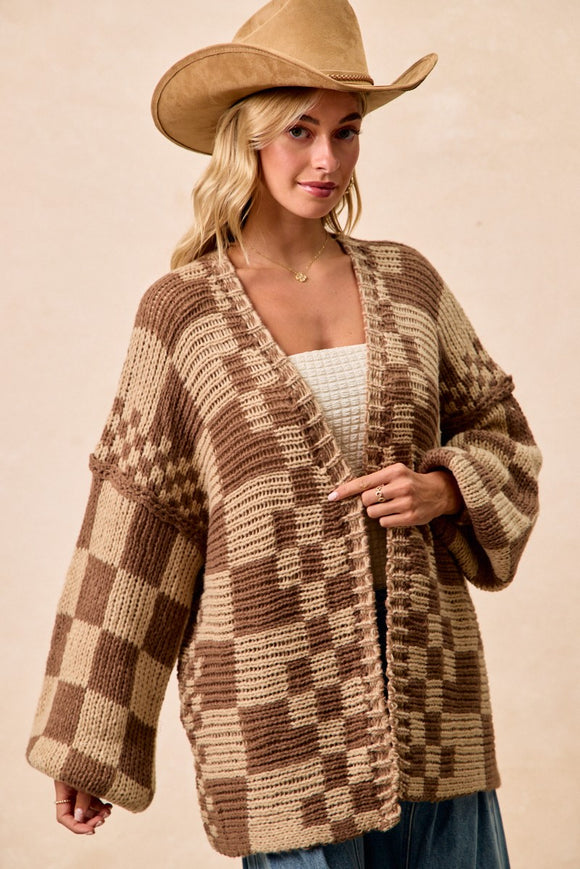 Checkered Chunky Cardigan- Taupe