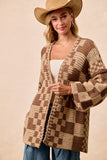 Checkered Chunky Cardigan- Taupe