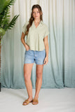 Collared Split Neck Linen Top, Sage (S-3x)