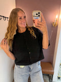 Short Sleeve Button Up Sweater Cardigan, Black (S-L)