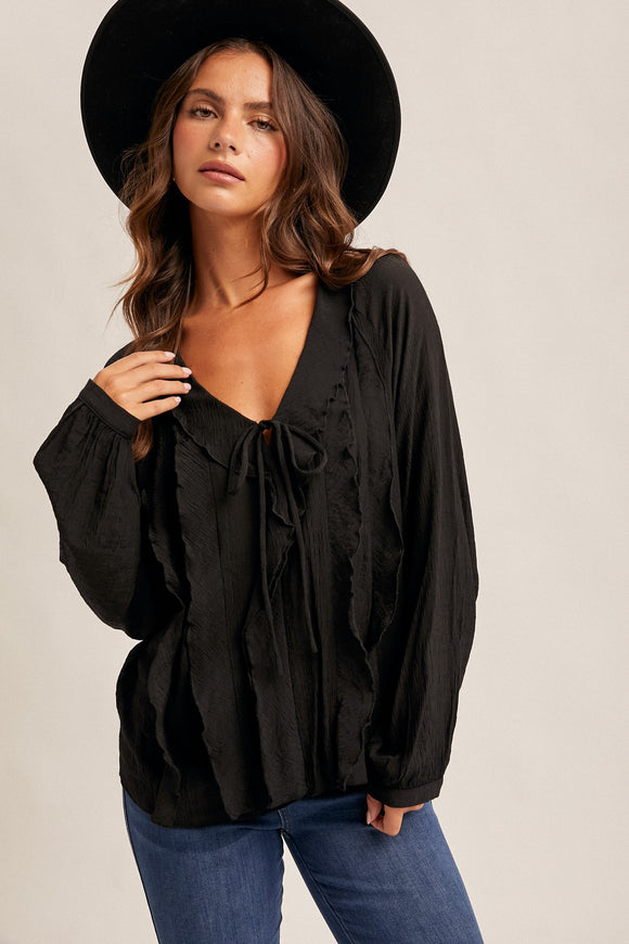 V-Neck Ruffle Long Sleeve Blouse (S-L)