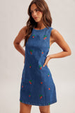 Strawberry Embroidered Cutout Back Denim Dress