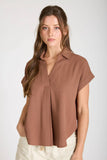 Collared Split Neck Linen Top, Almond (S-3x)