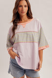 Striped Patch Oversized Washed Top, Sky Blue (S-L)