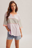 Striped Patch Oversized Washed Top, Sky Blue (S-L)