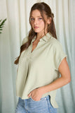 Collared Split Neck Linen Top, Sage (S-3x)