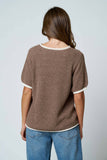 Contrast Trim Puff Sleeve Sweater, Mocha