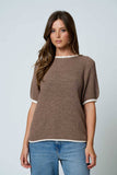 Contrast Trim Puff Sleeve Sweater, Mocha