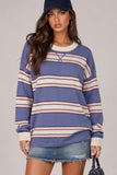 Contrast Stripe Ribbed Crew Neck Sweater- Denim