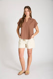Collared Split Neck Linen Top, Almond (S-3x)