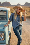 Frayed Trim Denim Button Top (S-L)