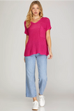 Short Sleeve Pocketed Sweater- Fuchsia