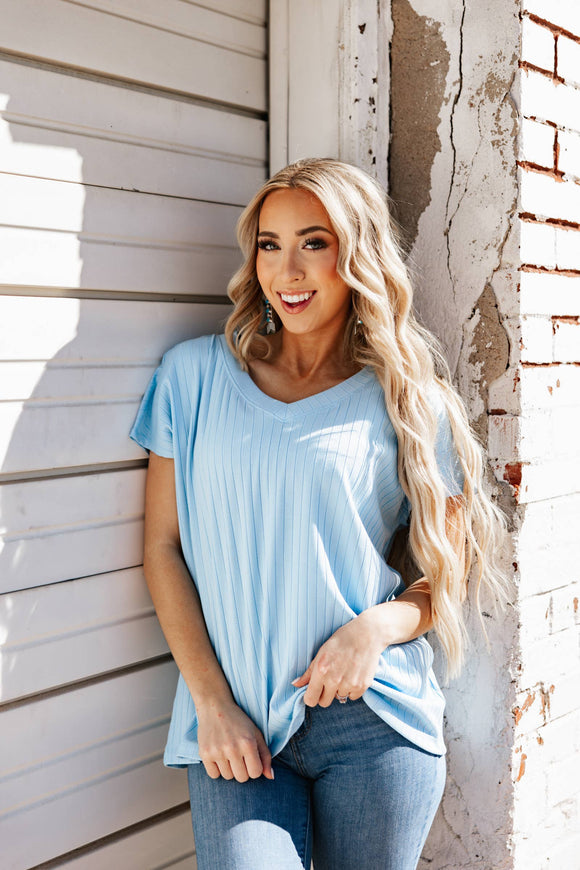 Casual Thick Ribbed V Neck Top, Sky Blue (S, M, 1X, 2X)