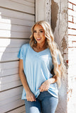Casual Thick Ribbed V Neck Top, Sky Blue (S, M, 1X, 2X)