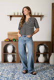 Stripe Short Sleeve Boxy Henley Top, Black