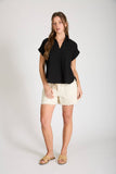 Collared Split Neck Linen Top, Black (S-3x)
