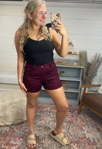 High Rise Denim Shorts, Burgundy (2x)