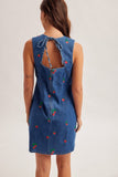 Strawberry Embroidered Cutout Back Denim Dress