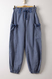 Bow Detail Stripe Textured Woven Pants, Denim/White