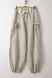 Bow Detail Stripe Textured Woven Pants, White/Black