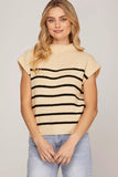 Mock Neck Striped Sweater Top- Ecru
