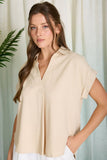 Collared Split Neck Linen Top, Light Khaki (S-L)