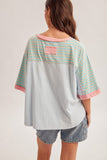 Striped Patch Oversized Washed Top, Sky Blue (L)