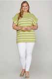 Mock Neck Striped Sweater Top- Light Sage