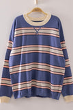 Contrast Stripe Ribbed Crew Neck Sweater- Denim