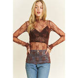 Mesh Fine Lace Long Sleeve, Brown (2x,3x)