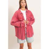 Mineral Wash Waffle Knit Shacket, Red