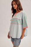 Striped Patch Oversized Washed Top, Sky Blue (L)
