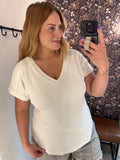 Ribbed V-Neck Casual Top- Oatmeal (1x, 2x)