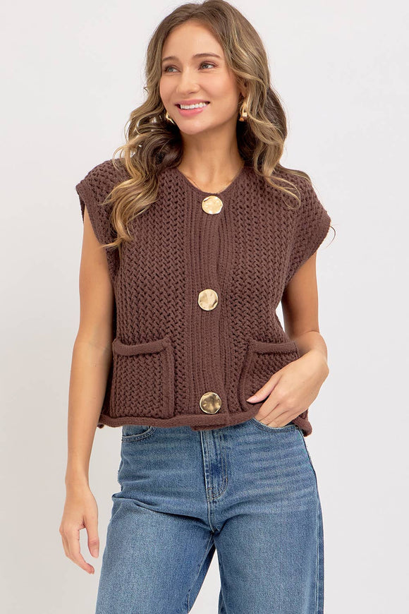 Button Closure Knit Sweater Top, Brown (S-L)