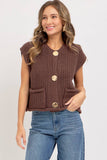 Button Closure Knit Sweater Top, Brown (S-L)