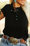 Black Short Sleeve Turquoise Snap Button Down T-Shirt