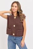 Button Closure Knit Sweater Top, Brown (S-L)