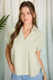 Collared Split Neck Linen Top, Sage (S-3x)